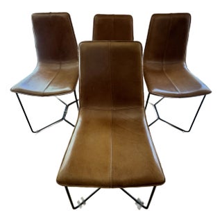 West Elm Slope Leather Dining Chairs - Set of 4 For Sale