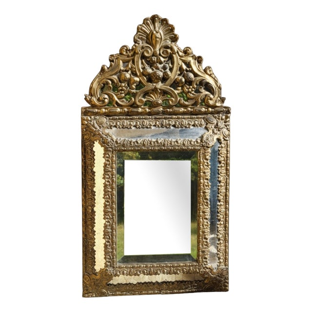 Louis Xiv Style Repoussé Brass Mirror with Side Panels — Napoleon Iii Period, 19th Century For Sale