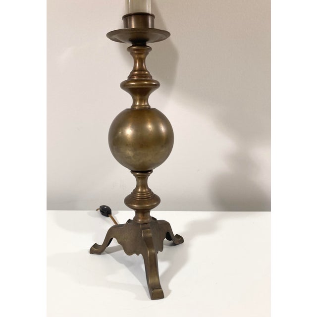 American Antique Solid Brass Cannonball Table Lamp and Pleated Shade For Sale - Image 3 of 10
