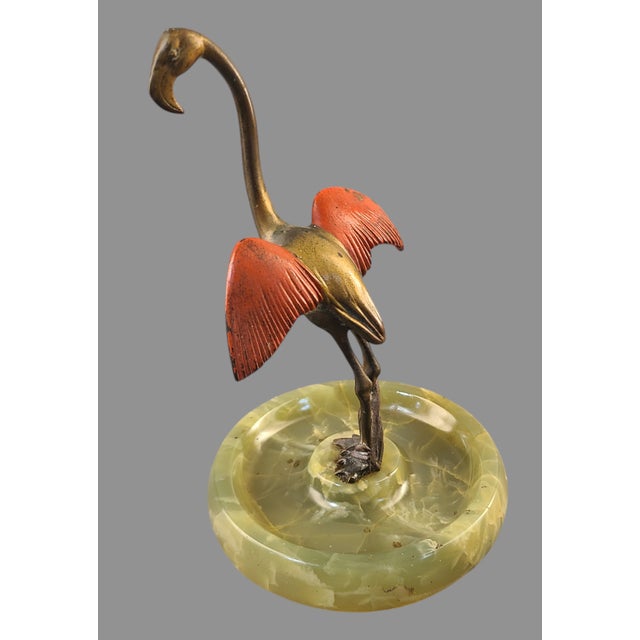 Early 20th Century Antique Austrian Bronze Marked Polychrome Cold Painted Flamingo Bird Green Onyx Trinket Holder Tray For Sale - Image 5 of 10