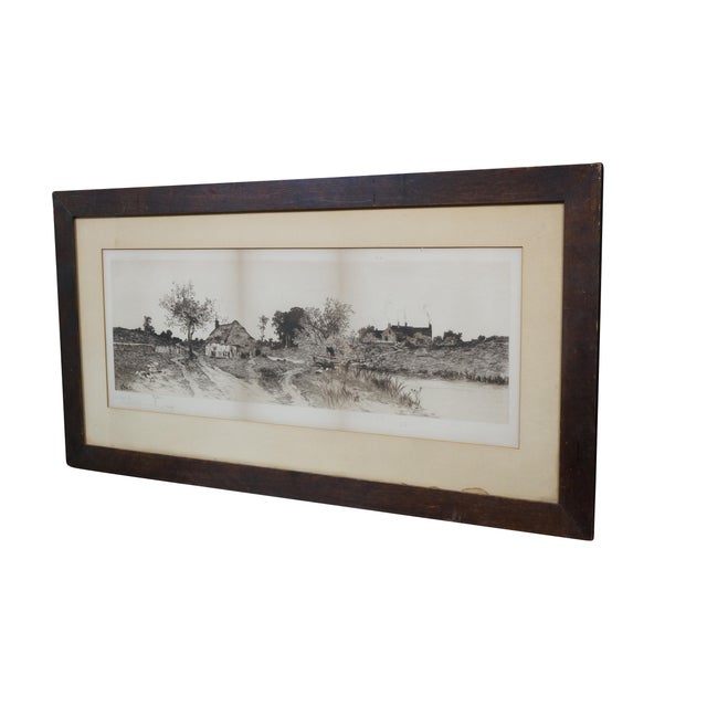 Antique panoramic etching by Ernest Christian Rost. It features a wide country landscape with thatched cottages /...