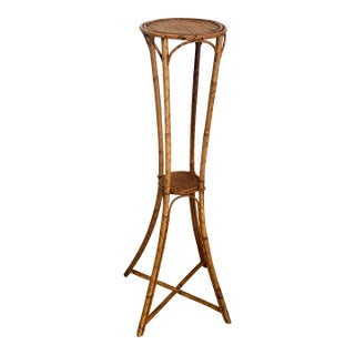 Vintage Palm Beach Style Rattan & Bamboo Two-Tiered Plant Stand For Sale