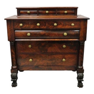 Antique American Empire Crotch Mahogany Step Back Tall Chest Dresser W/ Paw Feet For Sale