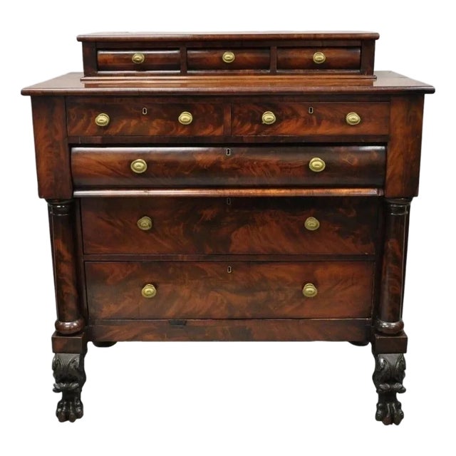 Antique American Empire Crotch Mahogany Step Back Tall Chest Dresser W/ Paw Feet For Sale