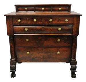 Antique American Empire Crotch Mahogany Step Back Tall Chest Dresser W/ Paw Feet