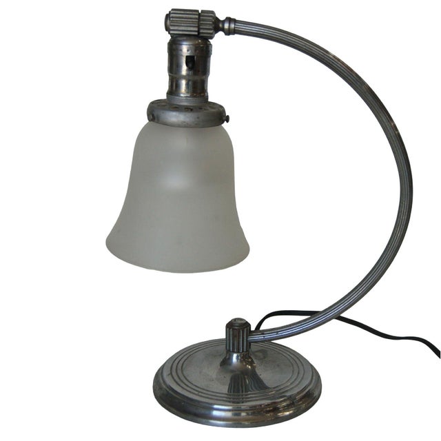 Chrome-plated Art Deco desk lamp by the Chase brass company with frosted bell shade. Measures 10" Wide x 6" Deep x 13"...