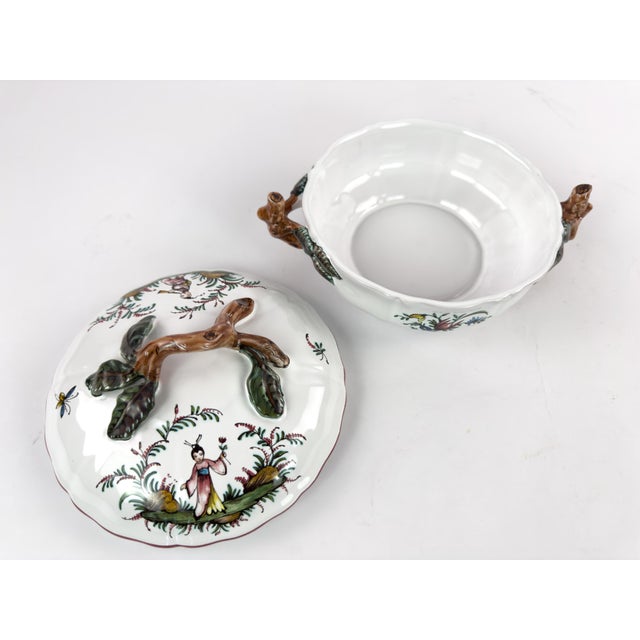 French Country Vintage French Lallier Moustiers Faience Lidded Bowl With Branch Handles For Sale - Image 3 of 17