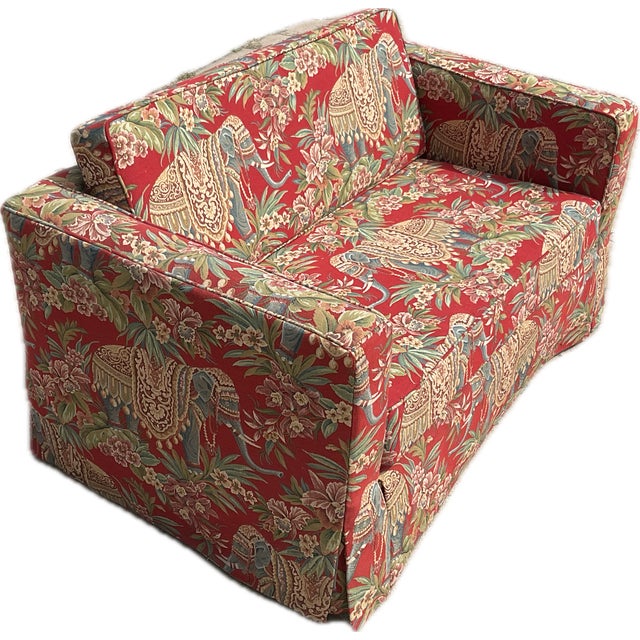 English East Indian Chintz Tapestry Loveseat - Red Ground Elephants For Sale - Image 3 of 5