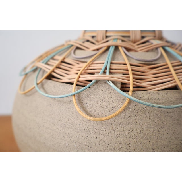 Signed Studio Pottery Basket Vase, Hilda Kidd Wiesenmeyer 2007 — Stoneware Vessel, Hand-Woven Dyed Reed Collar, American Fiber Art Ceramic For Sale - Image 9 of 10