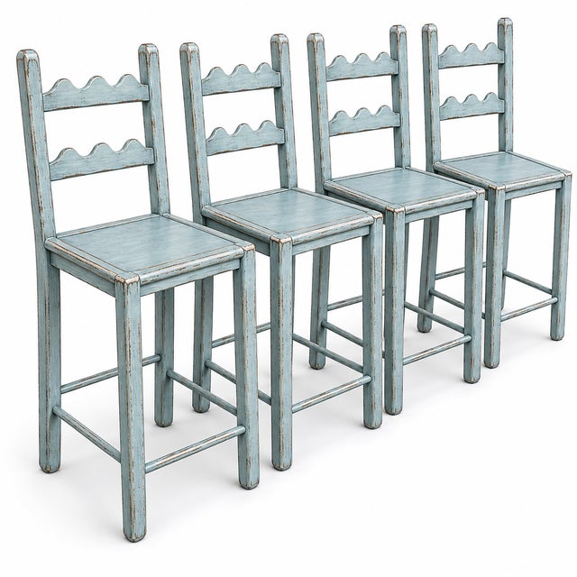 Set of 4 Country French Counter Stools With Custom Antique French Coastal Cottage Blue Finish For Sale - Image 4 of 5