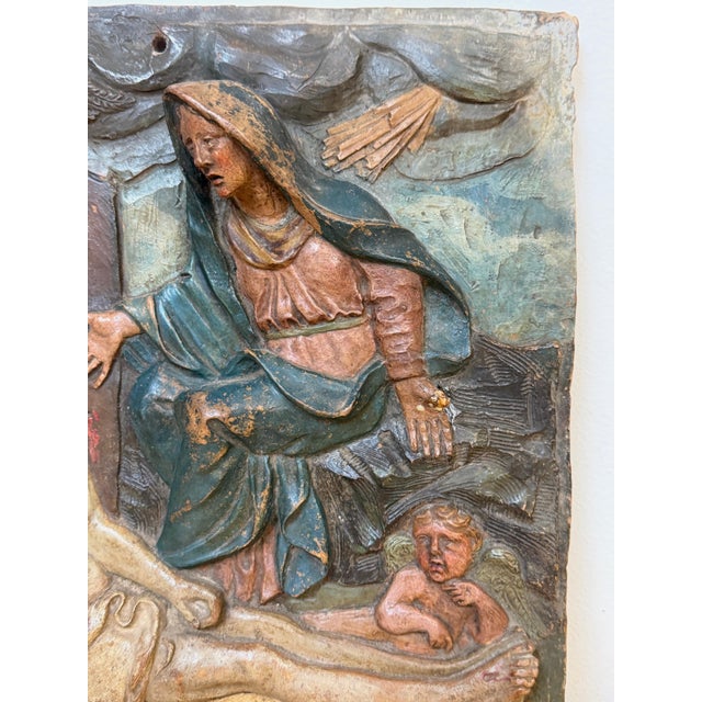 19th Century Italian Polychromed Terracotta Relief Plaque of the Pietà For Sale - Image 9 of 13