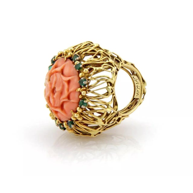 J. Auen 14k Yellow Gold Coral & Emerald Large Flower Ring - Size 6 For Sale In Miami - Image 6 of 6