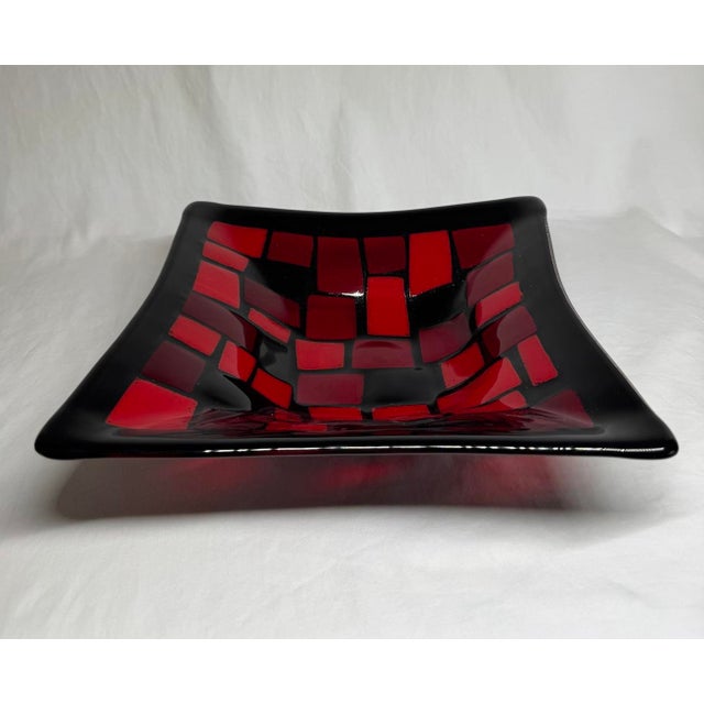Mid 20th Century Black Red Geometric Pattern Fused Glass Square Bowl For Sale - Image 11 of 11