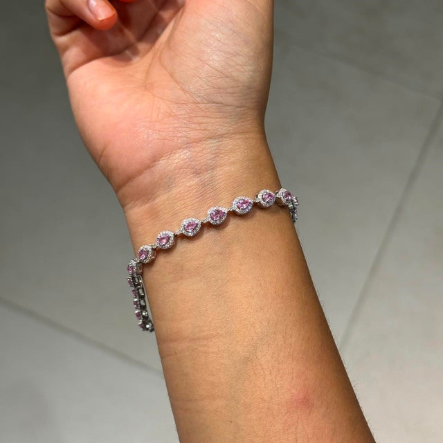 Art Deco 14k Gold Pear Cut 2.74ct Pink Sapphire & Diamond Byzantine Tennis Bracelet For Sale - Image 3 of 17