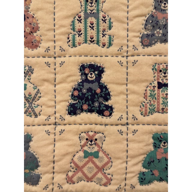 Off-white Pair of Vintage American Folk Art Hearts & Bears Quilted Textile Art, Dusty Pink, Baby Blue, Off-White For Sale - Image 8 of 12