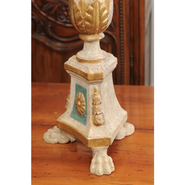 Italian 18th Century Painted & Gilt Candlestick from Tuscany with Acanthus Leaves For Sale - Image 3 of 12
