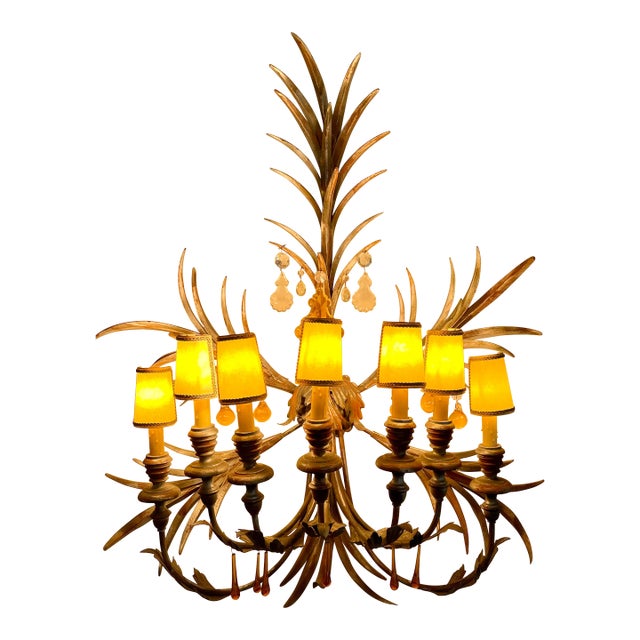 Priced Each Mid Century Tony Duquette Venetian Light Sconces. Each features metal palm leaf forms with custom shades and...