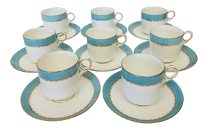 Late 19th Century Paris Porcelain Demi Tasse With Gilt and Robins Egg Blue Banding - Set of 8