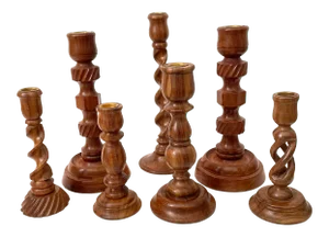 Vintage Turned Polished Wood Candlleholders, Assorted Sizes. Set of Seven