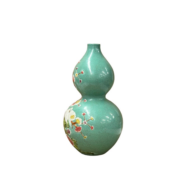 Chinese Celadon Green Crackle Ceramic Scenery Graphic Gourd Shape Vase For Sale - Image 4 of 9