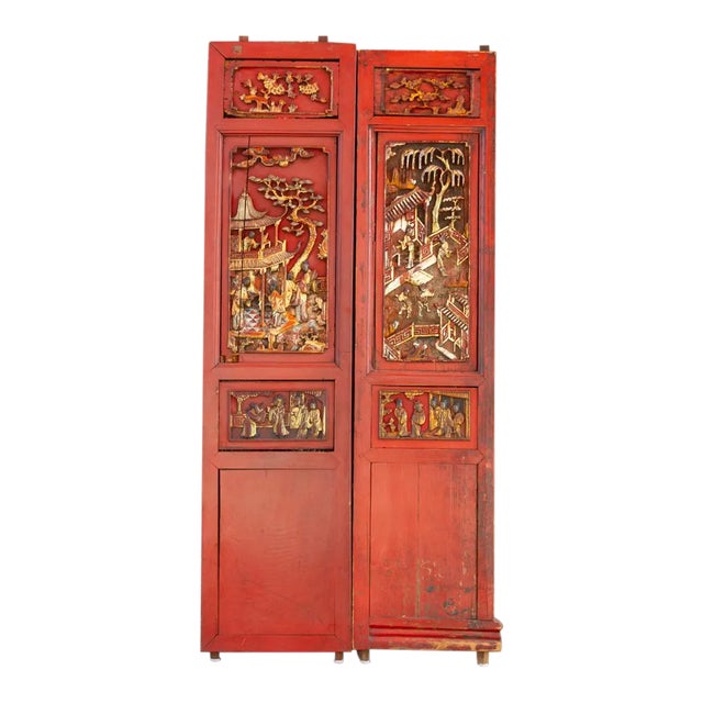 Antique Scarlet Red Gilt Asian Panels For Sale