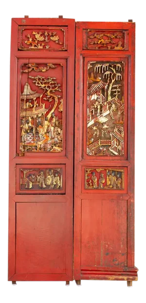 Antique Scarlet Red Gilt Asian Panels