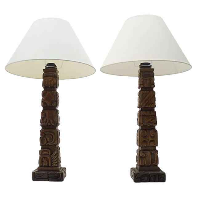 Hand-Carved Wooden Table Lamps from Temde, 1960s, Set of 2 For Sale