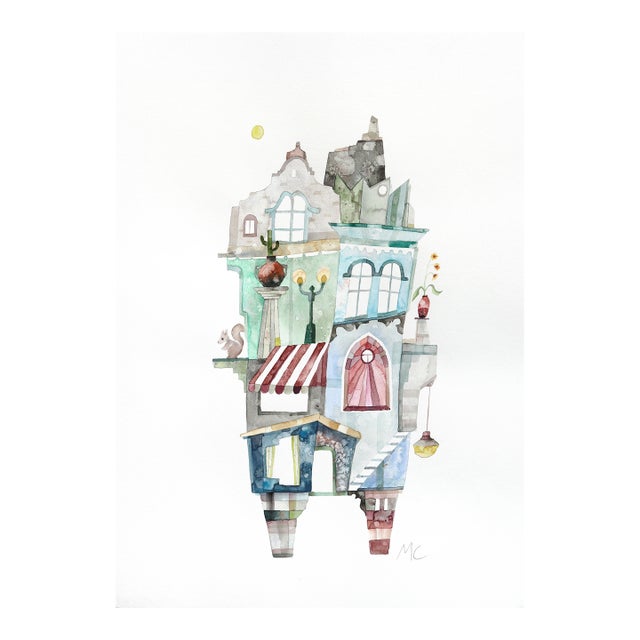 San Antonio - Original Colorful Pastel Cityscape Watercolor Painting on Paper by Maria C Bernhardsson For Sale
