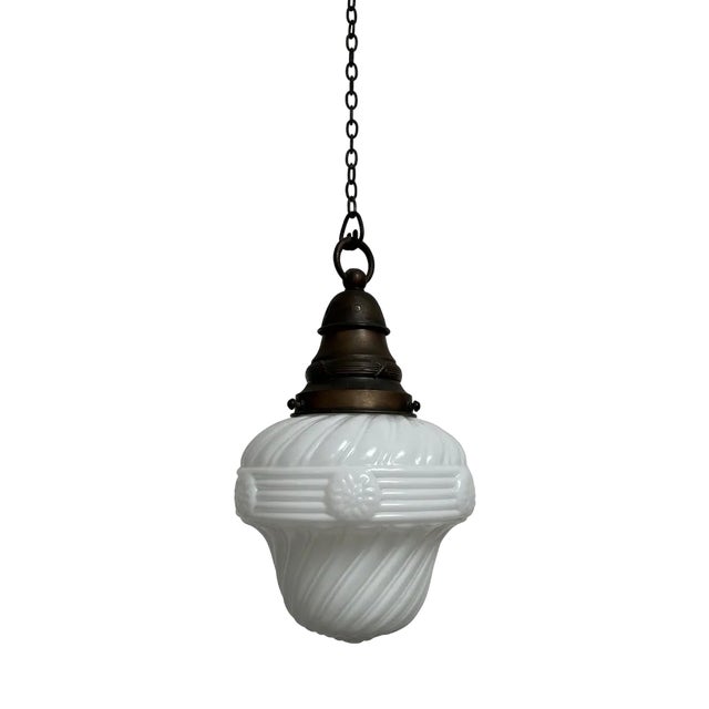 Vintage Edwardian Satin Church Opaline Milk White Glass Ceiling Pendant Lamp For Sale