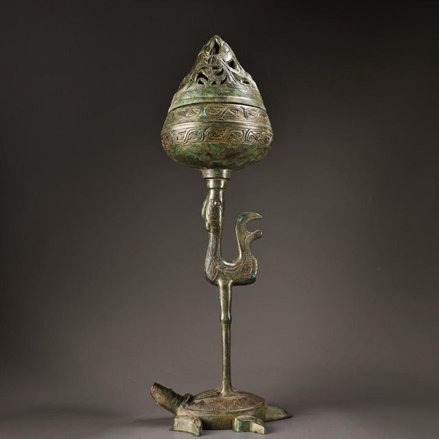 Late 20th Century Vintage Bronze Boshan Incense Burner With Turtle & Crane — Han-Style Mountain Censer, 19.7 in Tall, Asian Antique Decor For Sale - Image 5 of 10