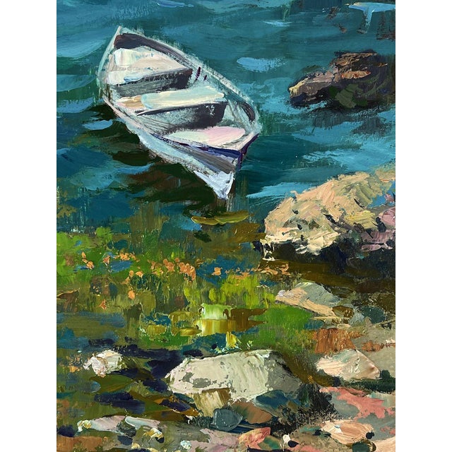 Blue Oil Painting a Lonely Boat on the Seashore Yuriy Suprunchuk For Sale - Image 8 of 11