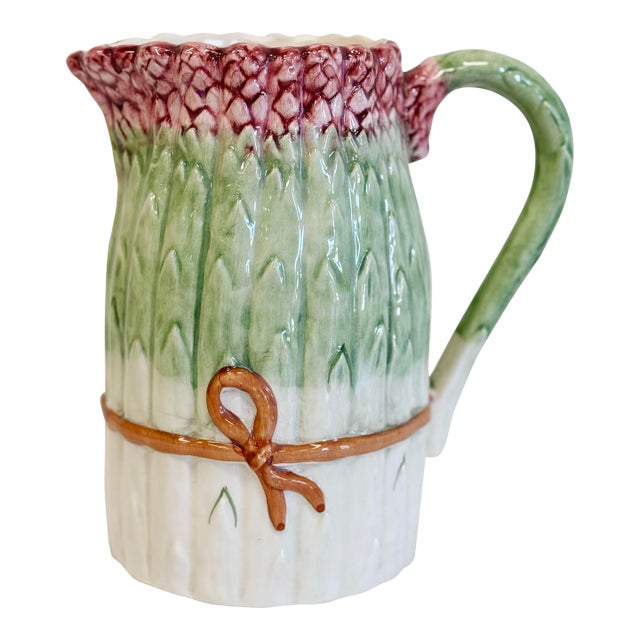 Vintage Ceramic Majolica Style Asparagus Motif Pitcher For Sale
