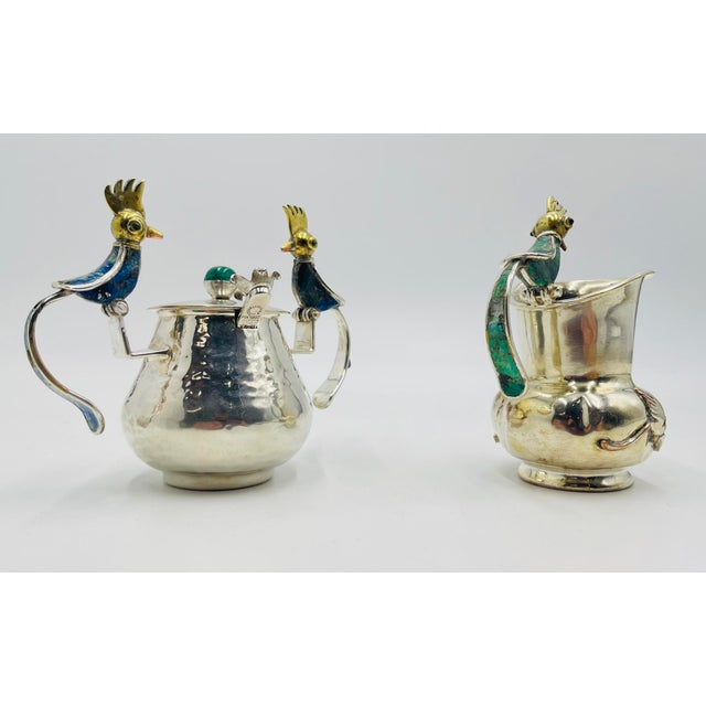 Los Castillo 1960s Los Castillo Taxco Bird of Paradise Creamer & Sugar W Malachite Lapis - a Pair For Sale - Image 4 of 18