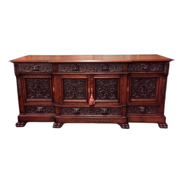 Monumental Antique Oak Buffet, Victorian Carved Sideboard For Sale