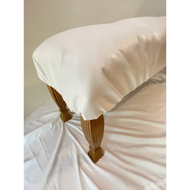 Wood Large White Leather Gold Wood Bench For Sale - Image 7 of 12