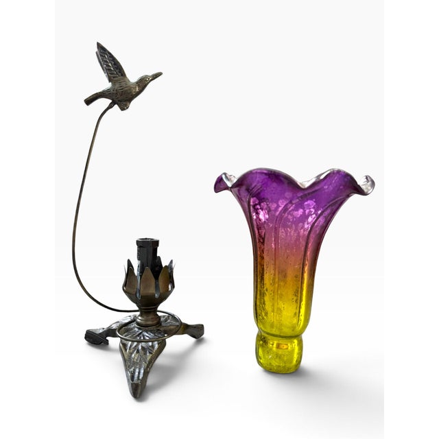Vintage Hummingbird Flower Art Glass Table Lamp | Purple & Amber | Made in India For Sale - Image 4 of 7