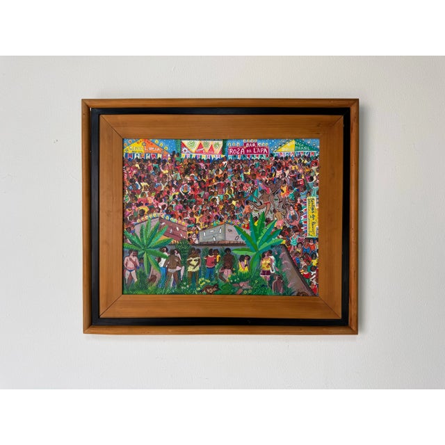 Mid-Century Modern 1986 Babalu “Detalhe Das Festas De Largo” Brazilian Folk Art Oil on Canvas Painting, Framed For Sale - Image 3 of 11