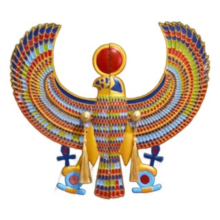 Hand Crafted Two Door Chest in Olive With Egyptian Horus Falcon Detail For Sale