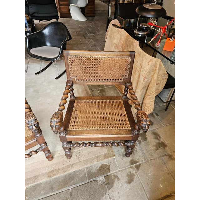 Early 20th Century Jacobean Oak Lionel Head Armchairs with Webbing, Set of 2 For Sale - Image 11 of 12