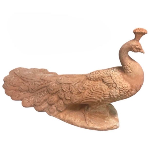 Pair of Vintage Tuscan Terra Cotta Peacock Garden Sculptures For Sale - Image 4 of 12