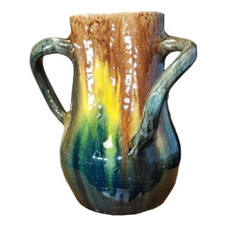 Mid-Century Studio Pottery Large Tri-Handled Drip Glaze Vase For Sale