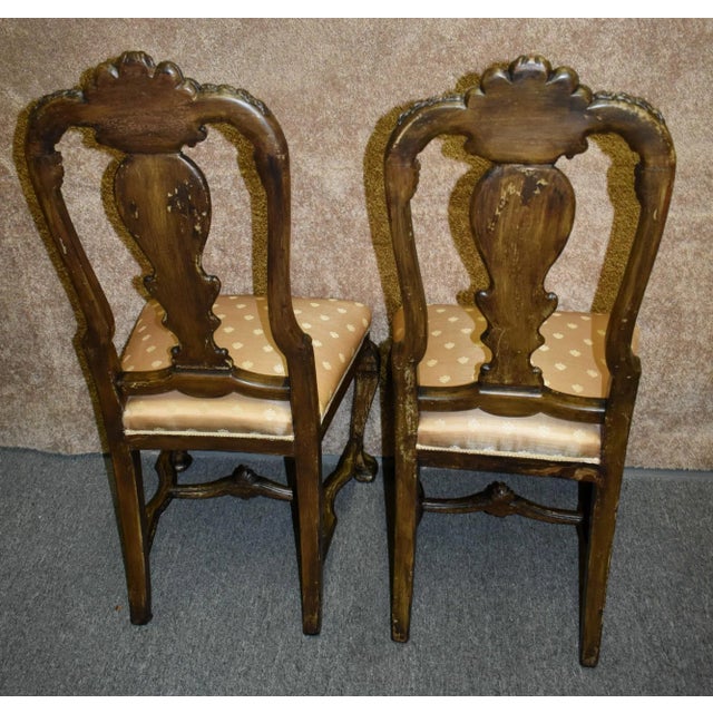 Antique Walnut Dining Chairs Italian Venetian Reverse Painted Glass Pair 1910s For Sale - Image 11 of 12