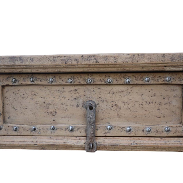 Antique Chinese Bleached Elm Console Table, with 3 drawers having the molded edges decorated with pewter or iron...