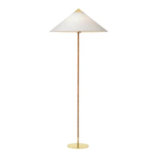 Mid-Century Modern 1935 Paavo Tynell Model 9602 Brass and Rattan Floor Lamp With Canvas Shade For Sale