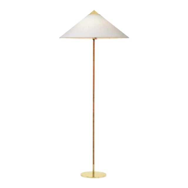 Mid-Century Modern 1935 Paavo Tynell Model 9602 Brass and Rattan Floor Lamp With Canvas Shade For Sale