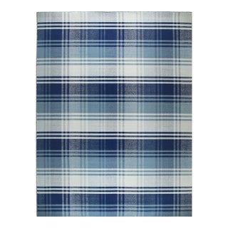 8x10 Sophisticated Elegant Blue Large Scale Plaid Geometric Flatweave Wool Rug For Sale