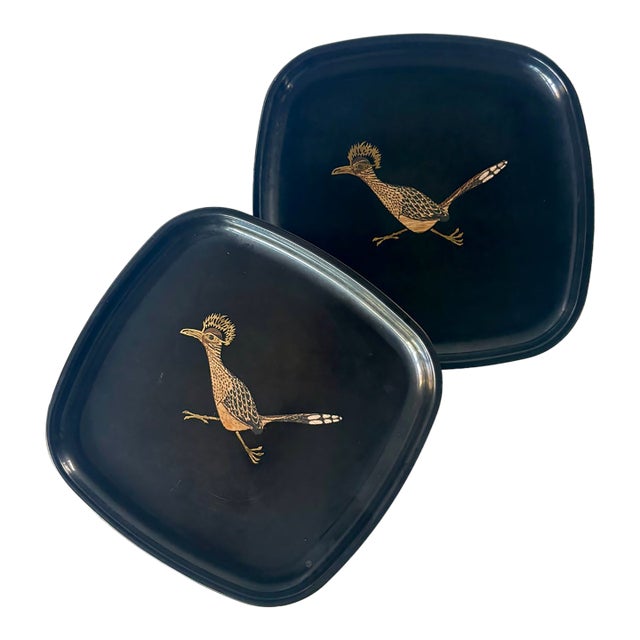 Mid-20th Century Modern Couroc of Monterey Black, Gold, and Bronze Roadrunner Square Trays - A Pair For Sale
