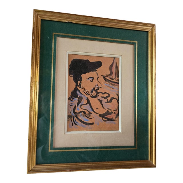 Vintage Mid Century Era Watercolor Painting Fisherman For Sale