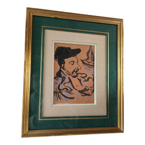 Vintage Mid Century Era Watercolor Painting Fisherman
