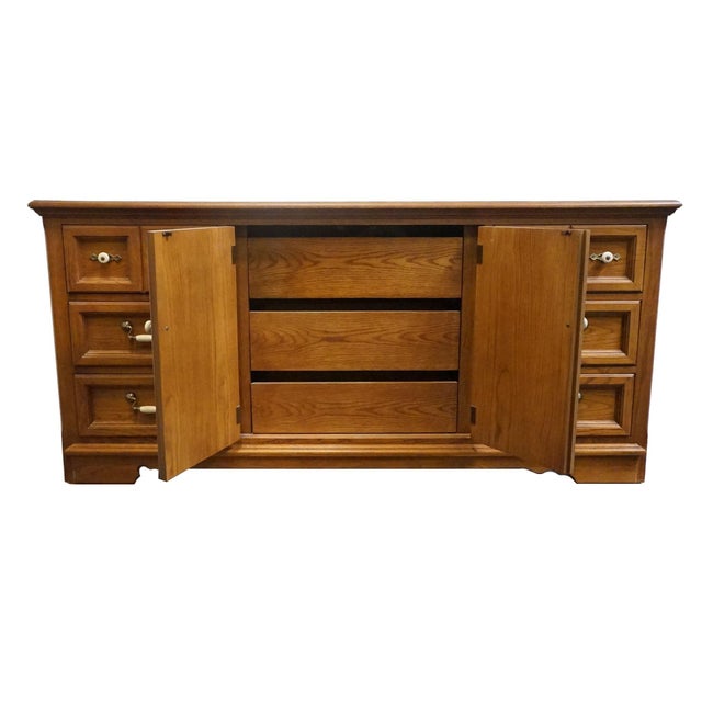 Late 20th Century Thomasville Furniture Homecoming Collection Solid Oak Rustic Country Style 69" Triple Door Dresser 43811-150 For Sale - Image 5 of 13